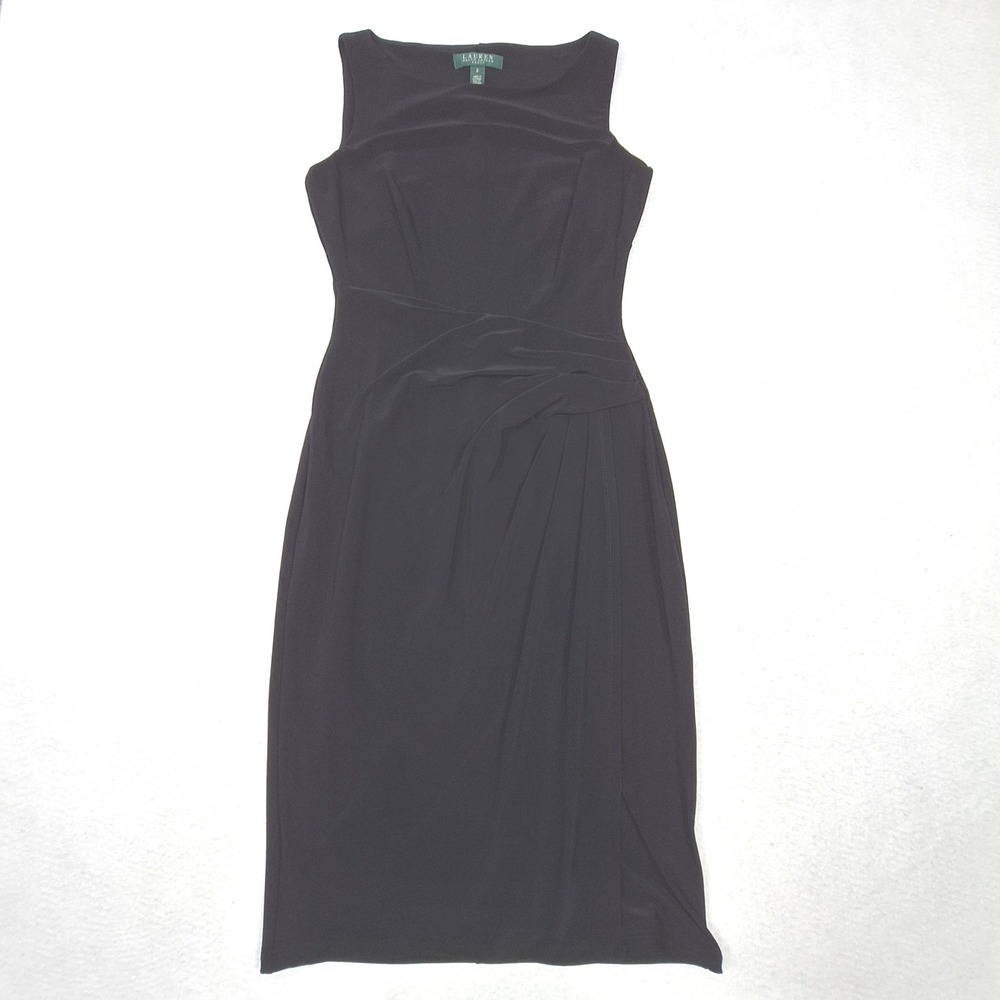 Lauren Ralph Lauren Dress Womens 2‎ Black Sleeveless Faux Wrap Ruched Sheath LBD
